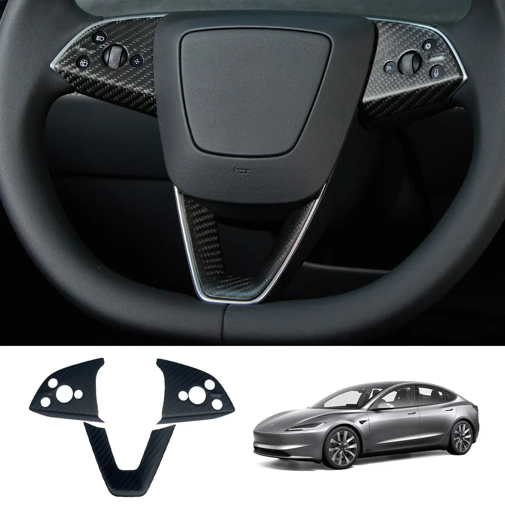 [Real Carbon Fiber] Steering Wheel Panel Covers (2PCS) for Tesla Model 3 Highland 2024+ Matte Carbon Fiber Steering Wheel Cover (3 Pcs)