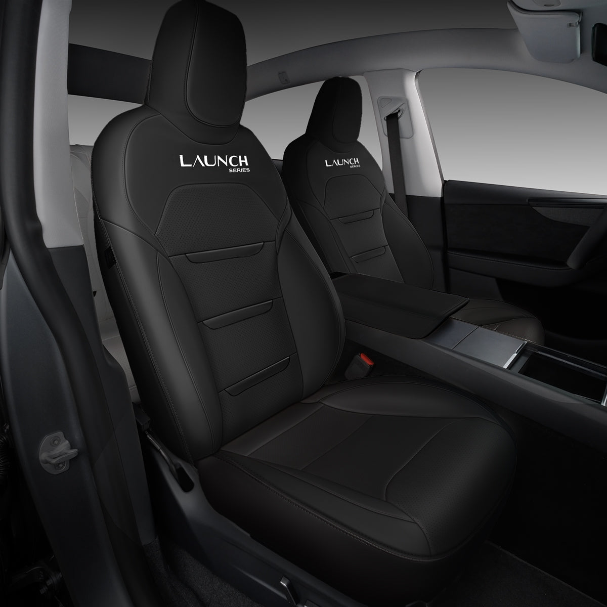 All-Inclusive Seat Cover for New Tesla Model Y Juniper 2025+ (3-Lined Insignia With Launch Series Embroidery Logo) Nappa With Logo+Matte 3-Lined Insignia Black Full Set (Front & Rear Seats)