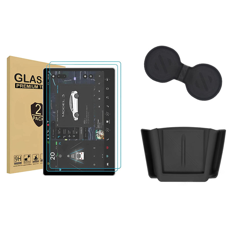 2024 Model 3 Highland Center Console Organizer Tray Designed For Armrest Storage Box Cup pad Wireless charging pad Set Dashboard &Rear Seat Screen Tempered Glass+Silicone Pad+Wireless Charging Silicone Storage Pad(3pcs)