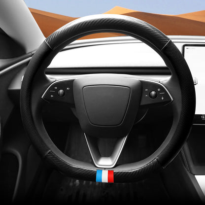 D-Shaped Carbon Pattern Leather Steering Wheel Cover for Tesla Model Y Juniper 2025+ Black with Tri-Color Marker