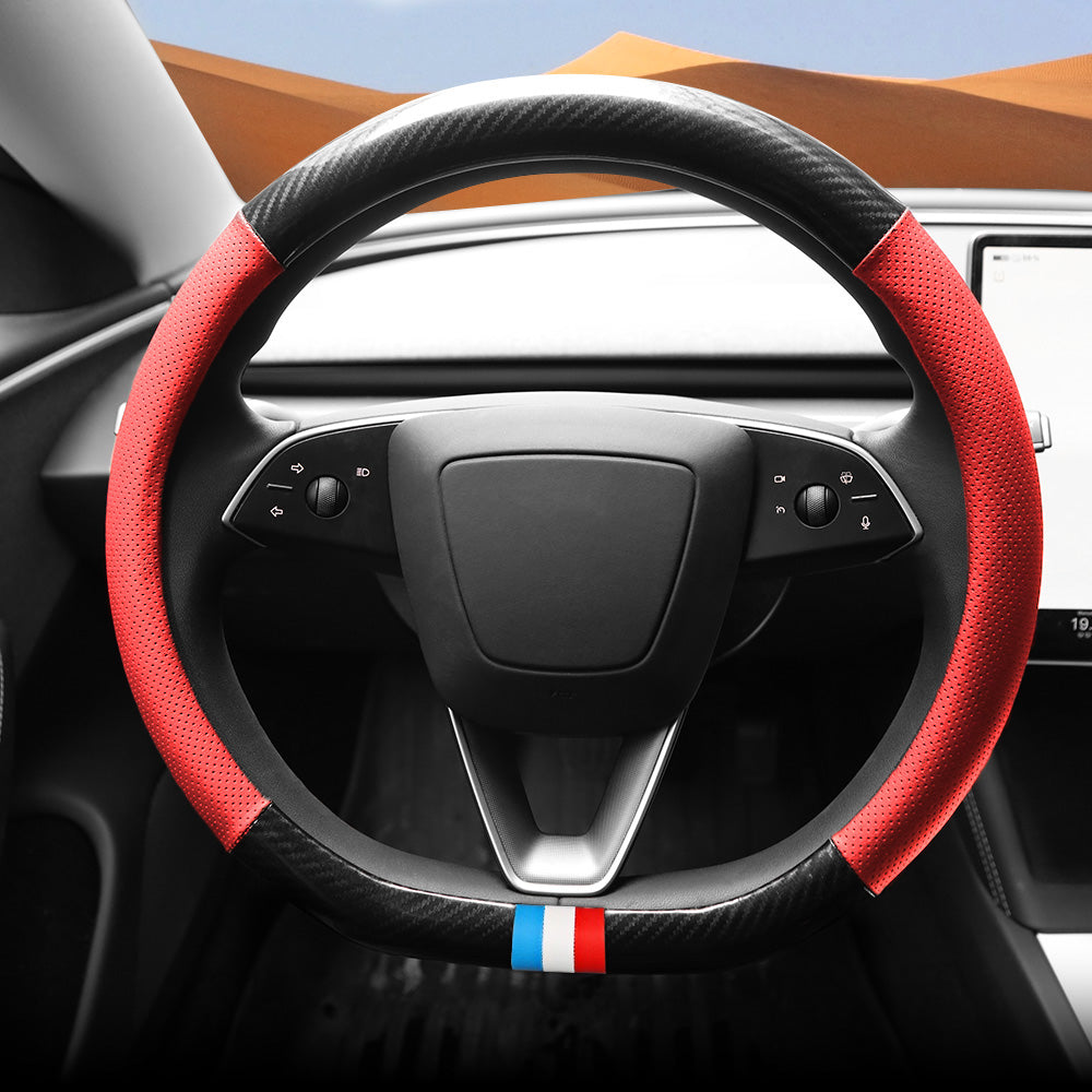 D-Shaped Carbon Pattern Leather Steering Wheel Cover for Tesla Model 3 Highland 2024+ Red with Tri-Color Marker