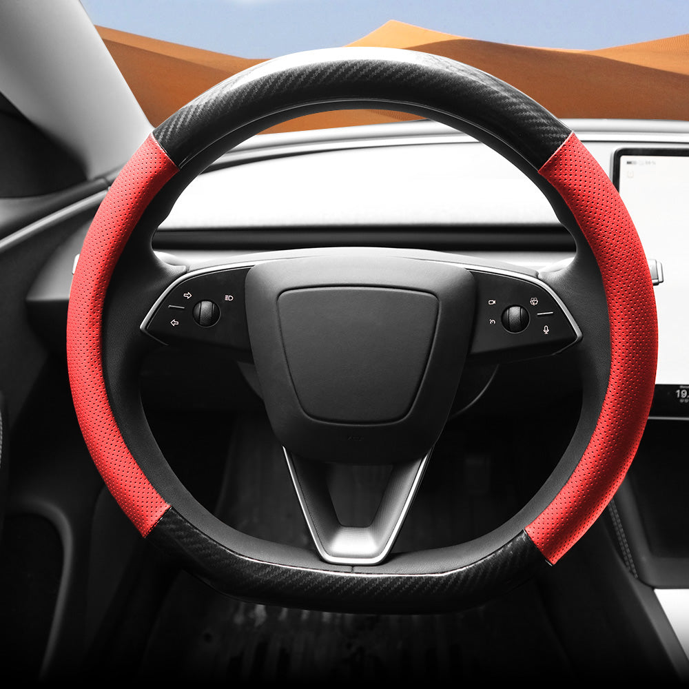 D-Shaped Carbon Pattern Leather Steering Wheel Cover for Tesla Model Y Juniper 2025+ Red