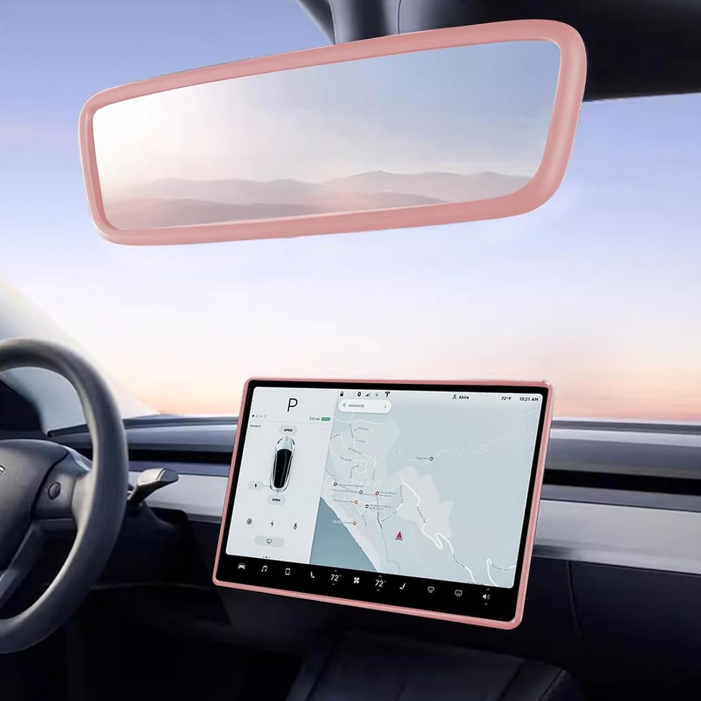 2PCS Screen Rear view Mirror Protector Trim Frame For Tesla Model 3 Y Pink