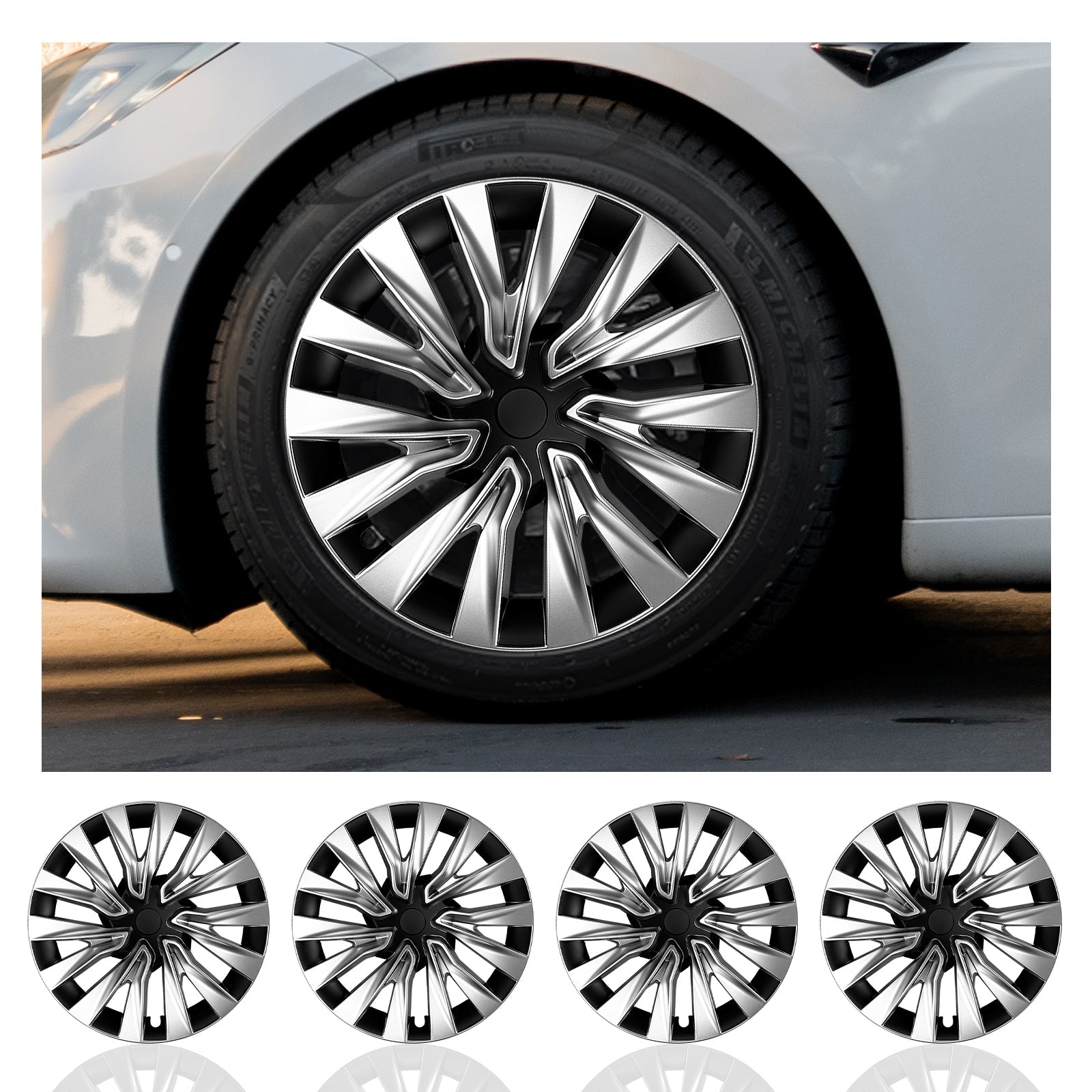 18''Highland Wheel Hub Caps Design for Tesla Model 3 Highland 2023-2025 Wheel Cover Silver Turbine Hubcaps(set of 4)