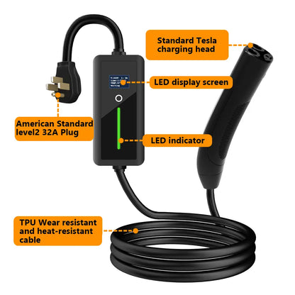 Level 2 J1772/NACS EV Charger for Home Portable EV Charger with Screen Display Adjustable Current