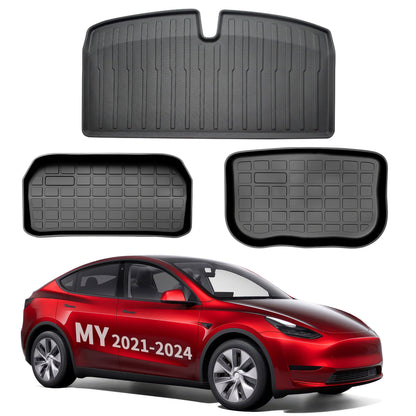 All Weather TPE Interior Floor Mats Cargo Liners Set for Tesla 2021-2024 Model Y Frunk + Trunk Upper&Lower Mat (3 PCS) 7 Seats Left-Hand Drive