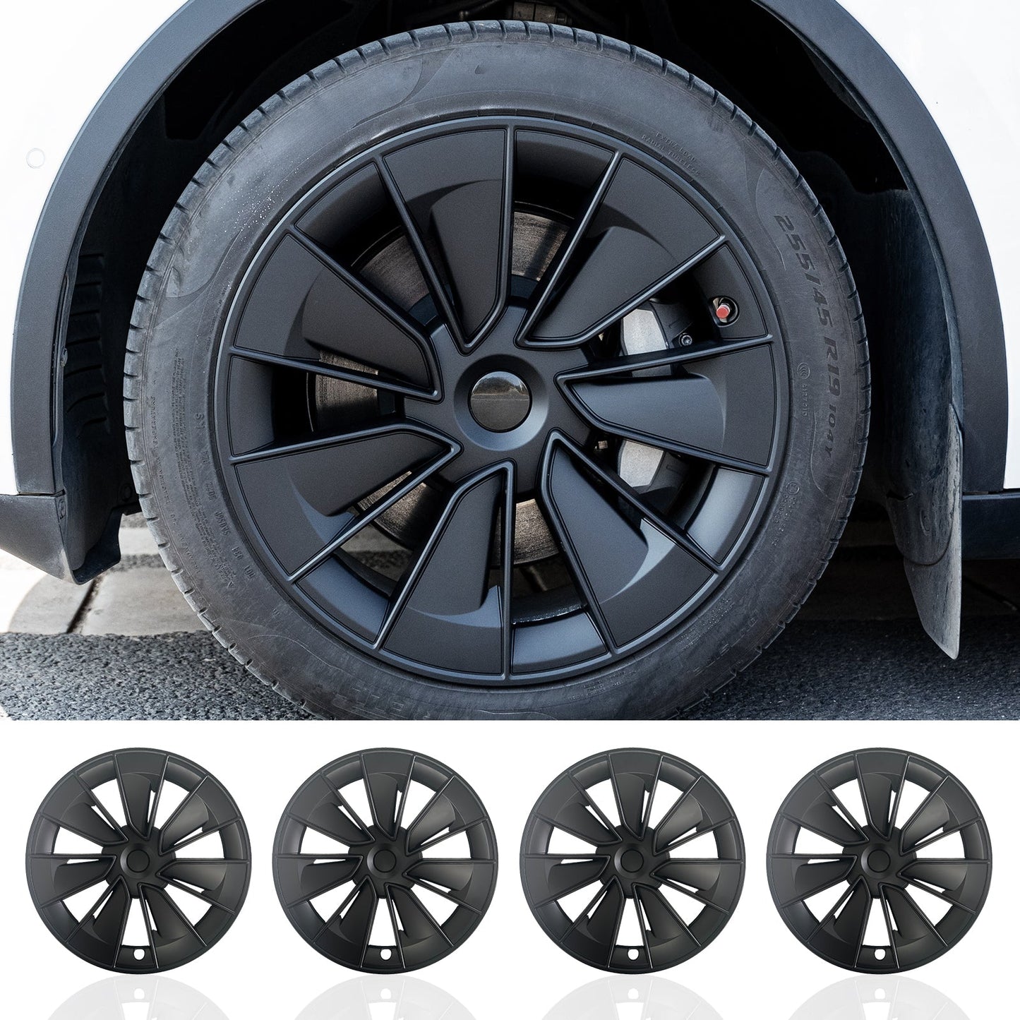 19" Matte Black Knife Wheel Cover Hubcaps for Tesla Model Y 2020-2024