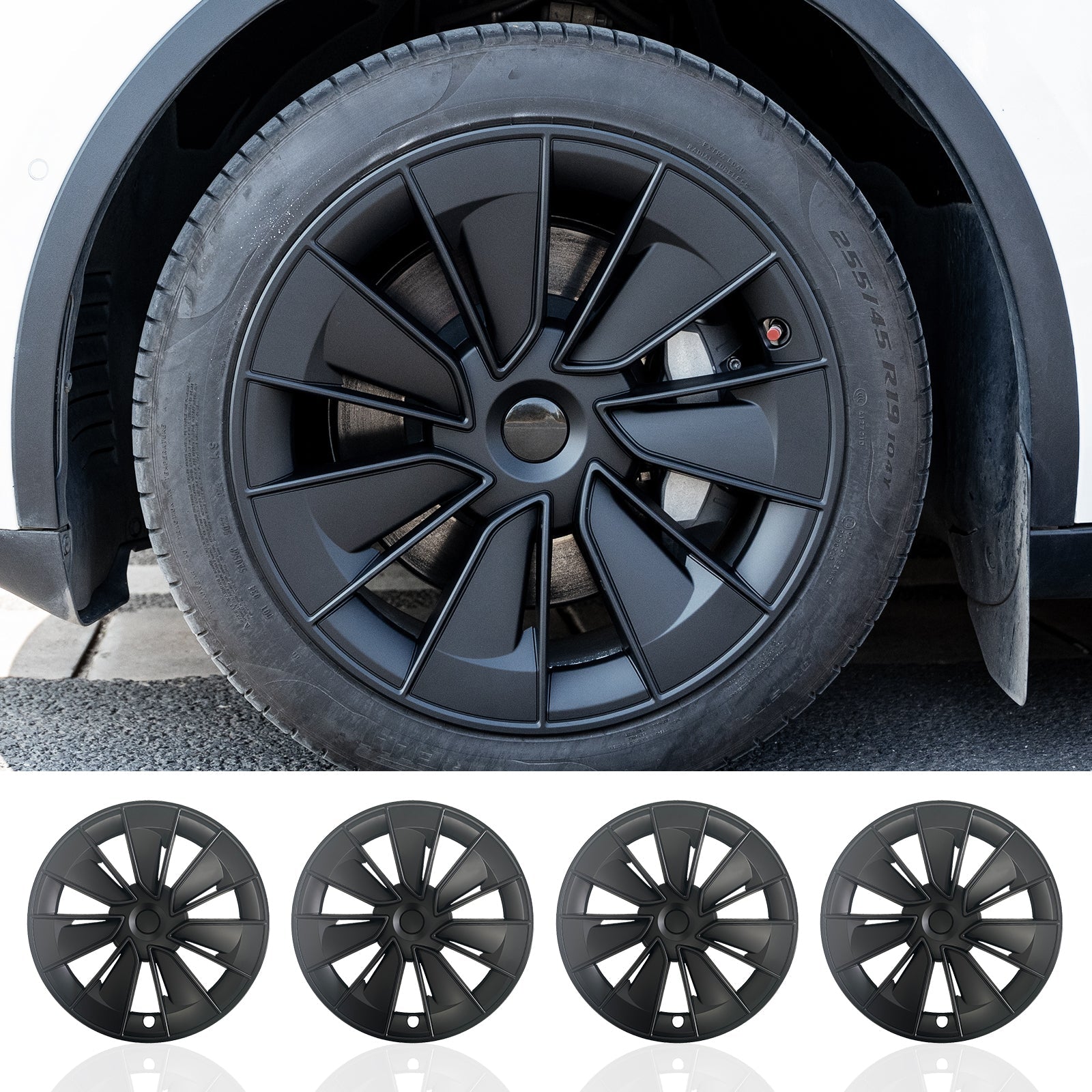 19" Matte Black Knife Wheel Cover Hubcaps for Tesla Model Y 2020-2024