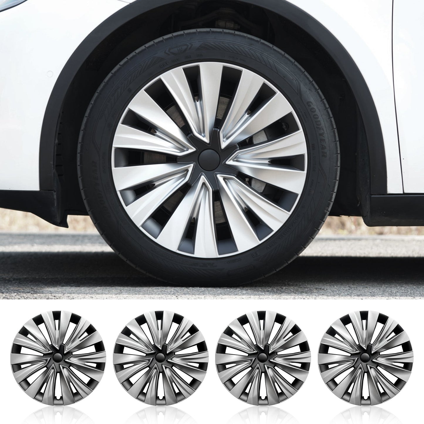 19" Silver Black Turbine Wheel Hubcaps for Tesla 2020-2024 Model Y