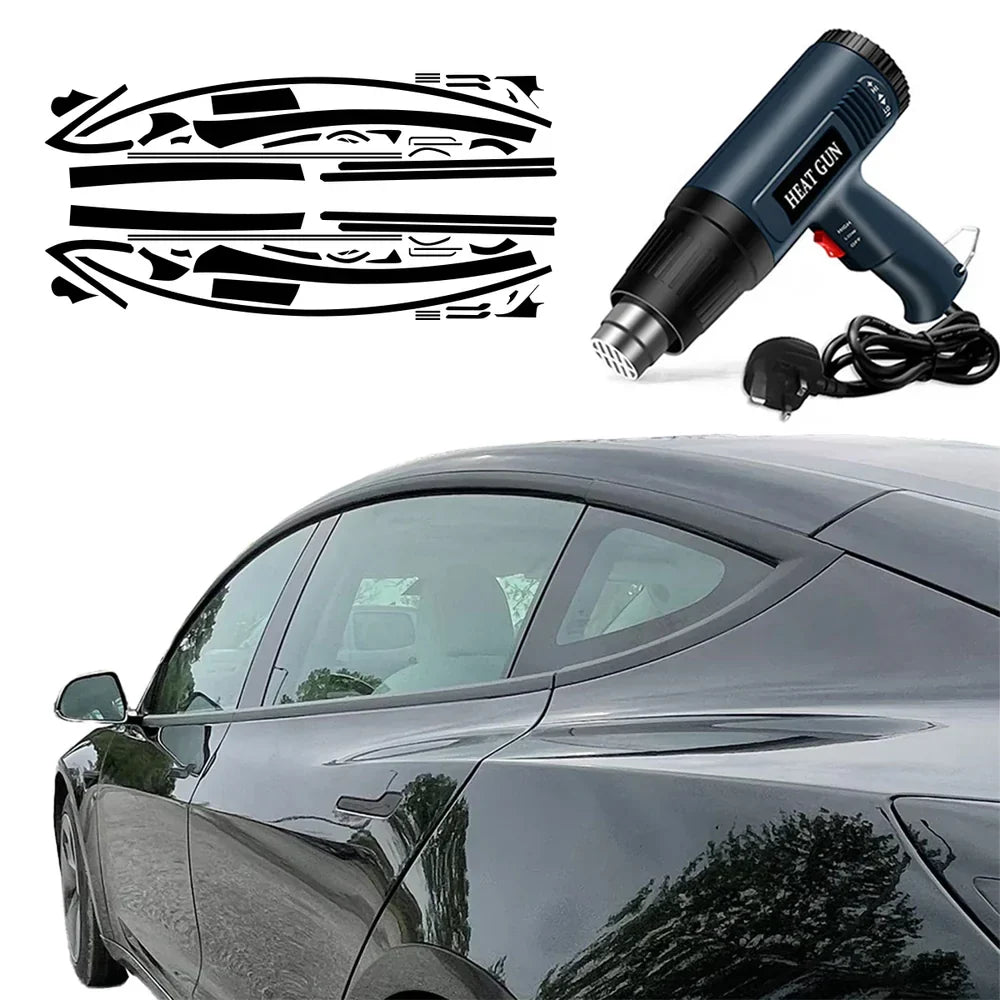 Chrome Delete Blackout Vinyl Overlay for 2017-2023 Tesla Model 3 - Matte Black Vinyl Wrap & Heat Gun Kit UK Plug