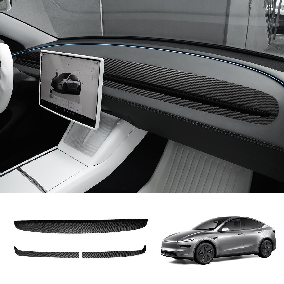 ABS Dashboard Trim Cover for Tesla Model Y Juniper 2025+ Upper+Lower Dashboard Cover Glossy Carbon Fiber Style