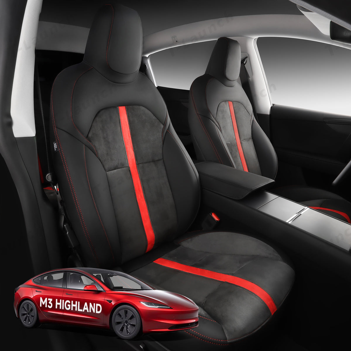 All-Inclusive 2024+ Tesla Model 3 Highland Seat Cover Alcantara Splicing Black Red Full Set (Front & Rear Seats)