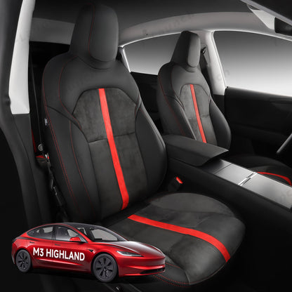 All-Inclusive 2024+ Tesla Model 3 Highland Seat Cover Alcantara Splicing Black Red Full Set (Front & Rear Seats)