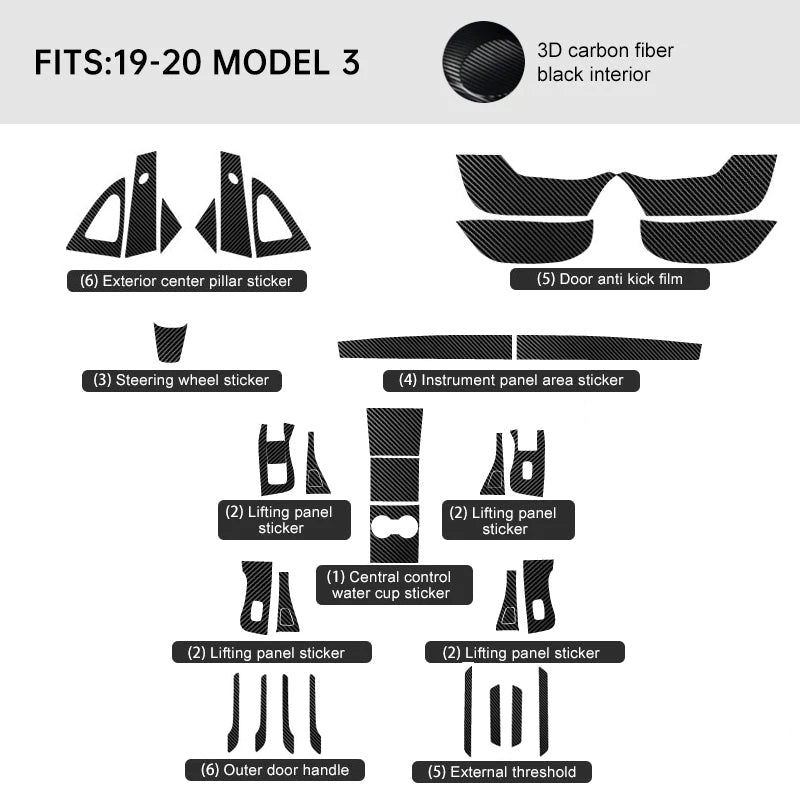 Carbon Fiber Interior Wrap Kit Sticker for Tesla Model 3 2019-2020 Model 3 22 pieces of interior + anti-kick film + center pillar sticker