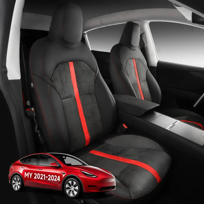 All-Inclusive 2020-2024 5 Seat Tesla Model Y Seat Cover Alcantara Splicing Black Red Full Set (Front & Rear Seats)
