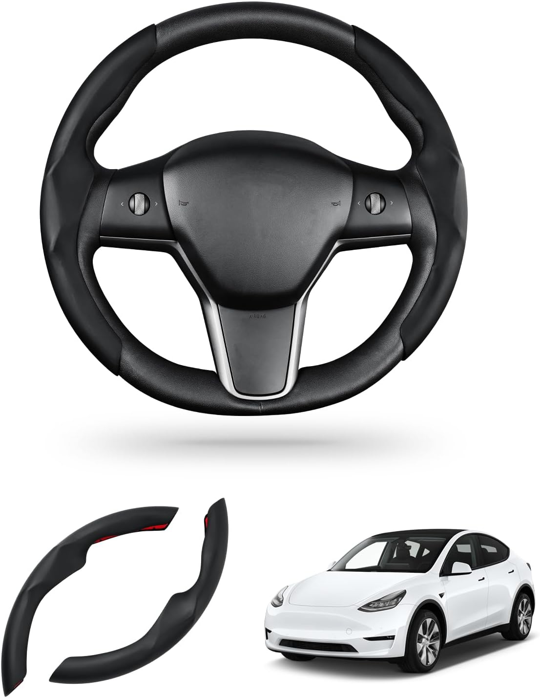 Carbon Fiber Steering Wheel Cover for Tesla Model 3/ Y Black (Leather)