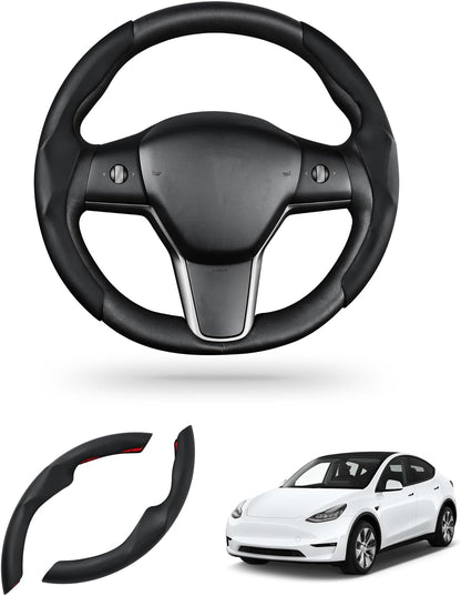 Carbon Fiber Steering Wheel Cover for Tesla Model 3/ Y Black (Leather)