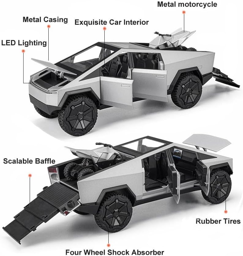 1:22 Scale Diecast Toy Trucks, Metal Pull Back Pickup with Mini ATV, Vehicle Playset for Kids, Birthday Gift for Boys 3+ (Silver)