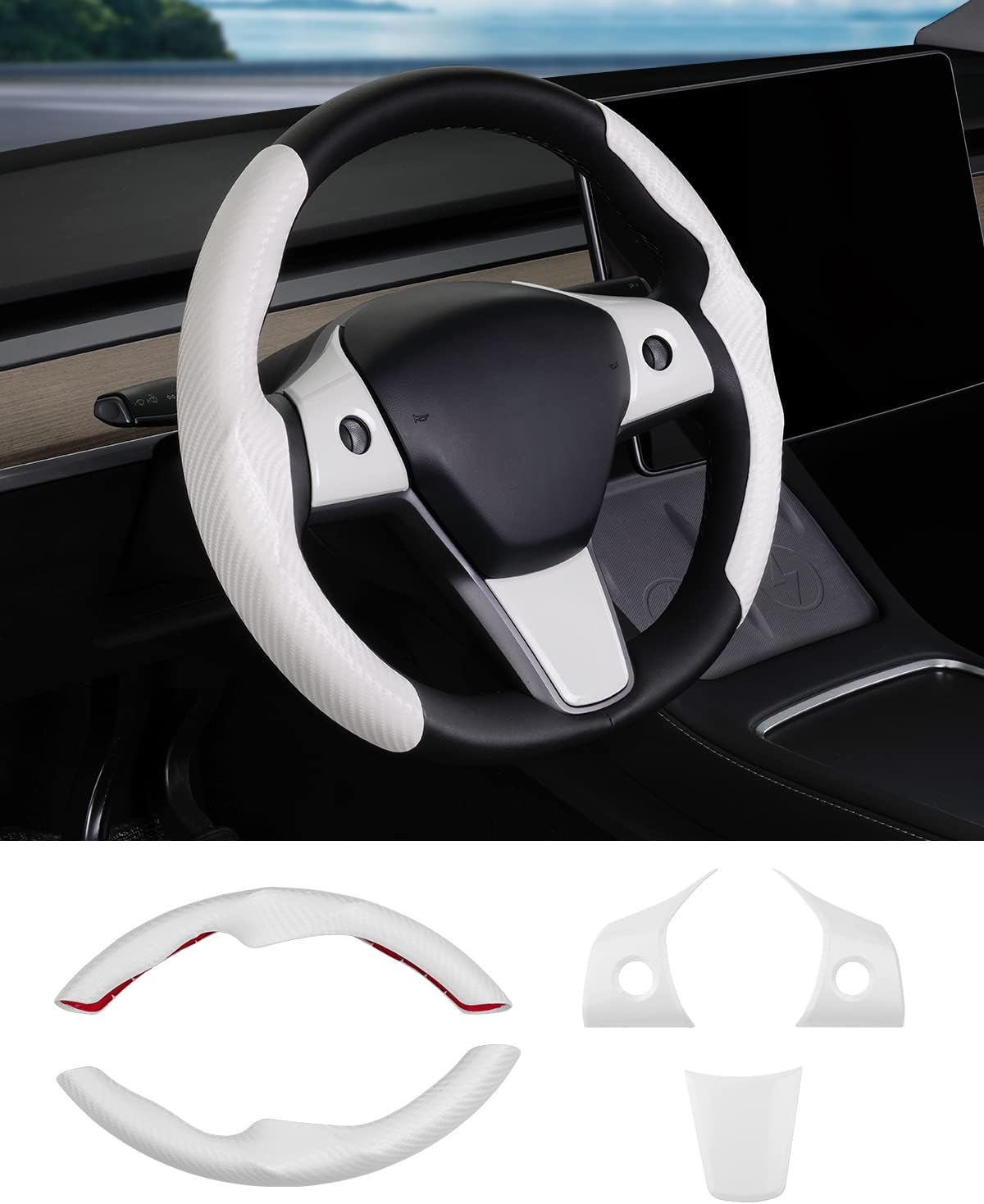 Carbon Fiber Steering Wheel Cover for Tesla Model 3/ Y White 5PCS
