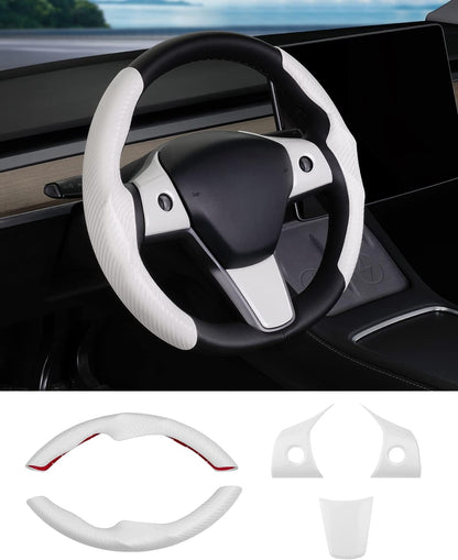 Carbon Fiber Steering Wheel Cover for Tesla Model 3/ Y White 5PCS