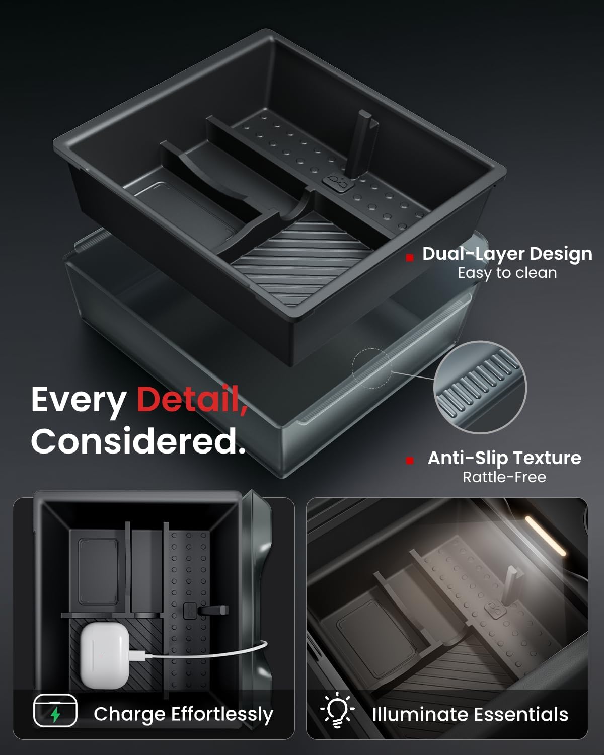 REEVAA 4-in-1 Tesla Center Console Organizer Set for 2026 Model Y, Black