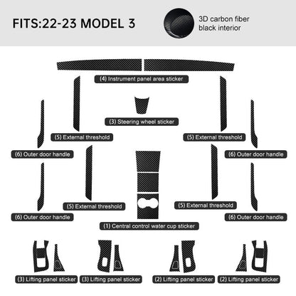Carbon Fiber Interior Wrap Kit Sticker for Tesla Model 3 2022-2023 Model 3 22-piece interior set [3D matte carbon fiber black]