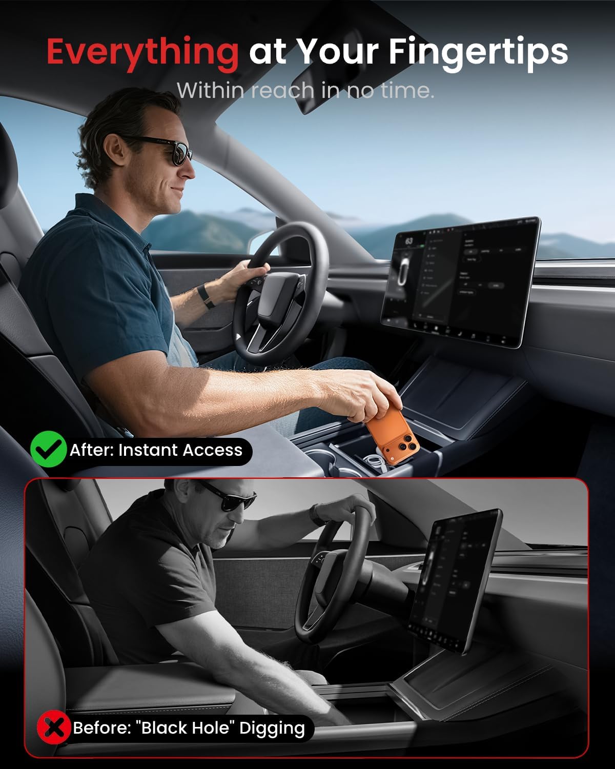 REEVAA 4-in-1 Tesla Center Console Organizer Set for 2026 Model Y, Black