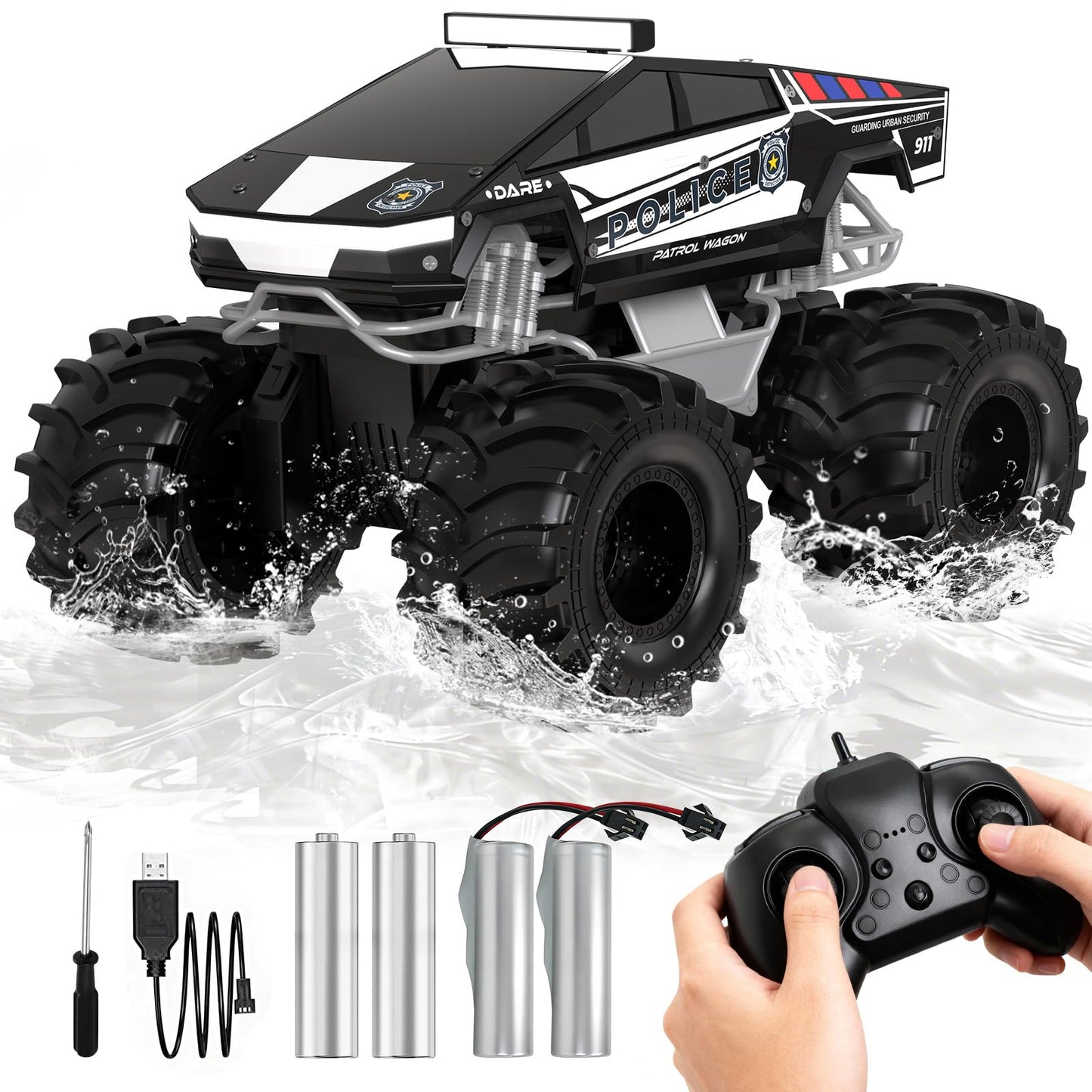 Cokzer Remote Control Car, 1:18 Amphibious RC Cars, 4WD All Terrain Off-Road Pickup, 2.4GHz Waterproof Cyber Truck, 360° Rotatable Monster Truck Toys for Boys Christmas Birthday Gifts Age 6+ (Grey)