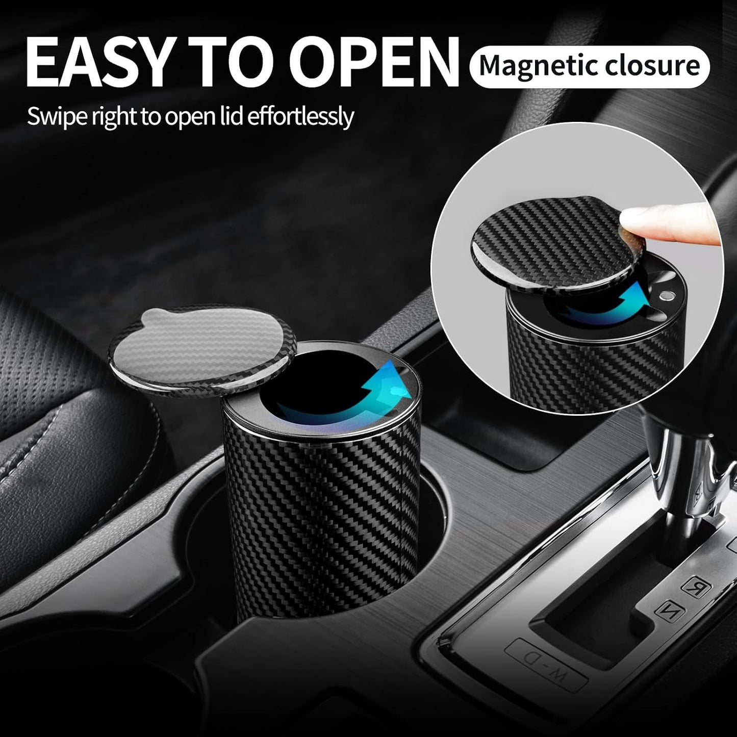 Carbon Fiber Portable Black Car Ashtray with Lid For Tesla and EVs