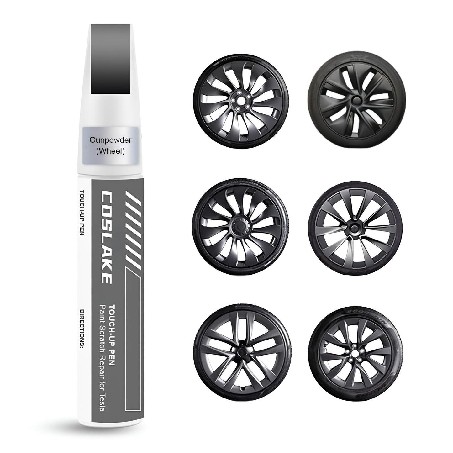 Rim Touch Up Paint(Gunpowder) for Tesla Model Y/3/S/X Gemini Dark/Uberturbine/Arachnid/Cybersteam/Turbine Wheel, Curb Rash Repair Rim Scratch Repair with Masking Tape & Sandpaper