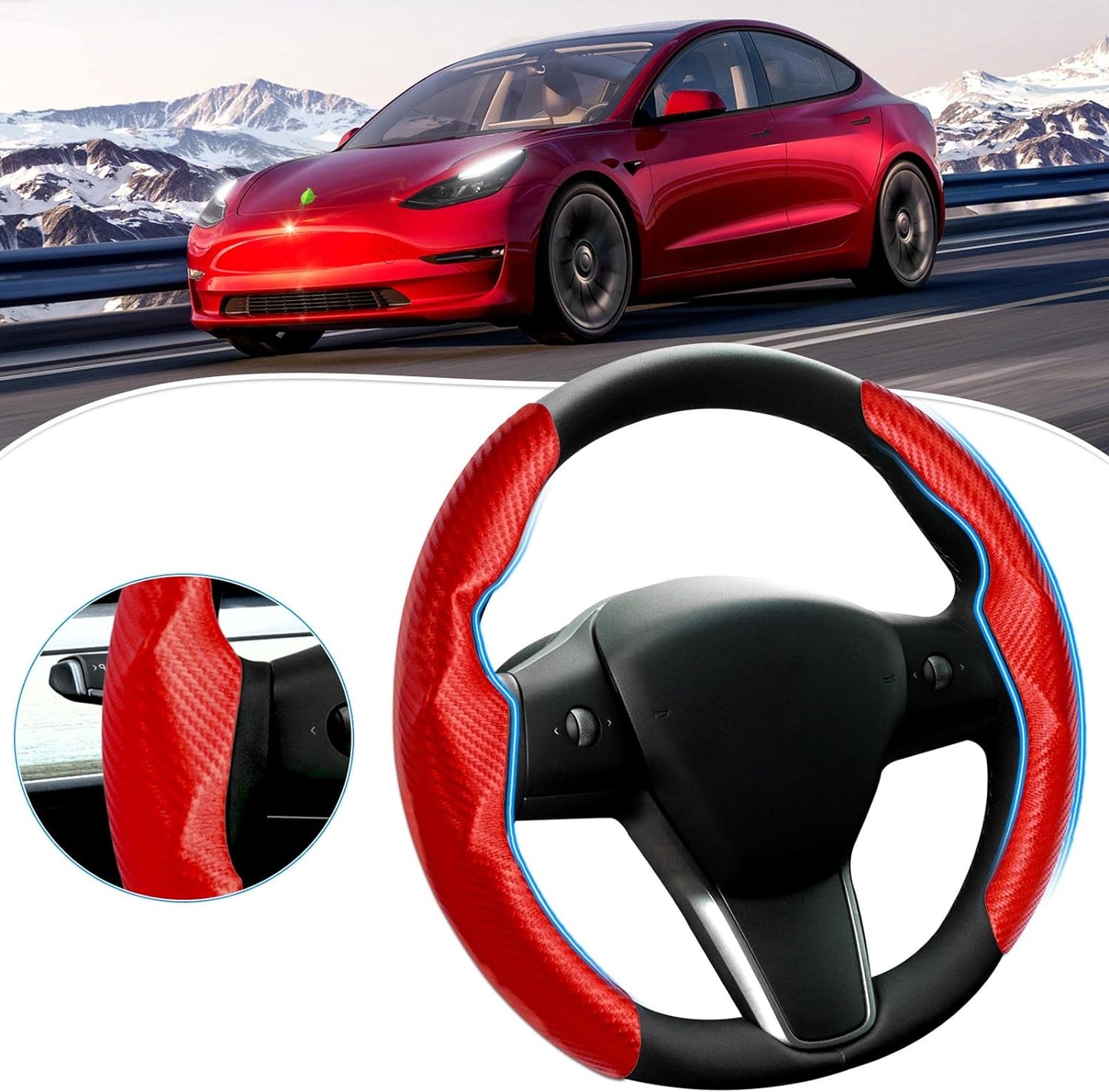 Carbon Fiber Steering Wheel Cover for Tesla Model 3/ Y Red