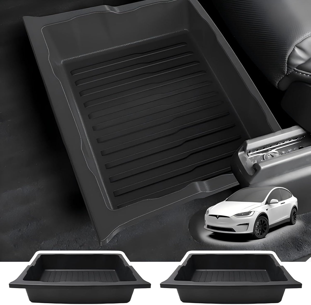 2 Pack For Tesla Model X 2017-2025 Front/Back Under Seat Storage Organizer,TPE Waterproof Underseat Bin Trash Storage Can for Tesla Model X accessories