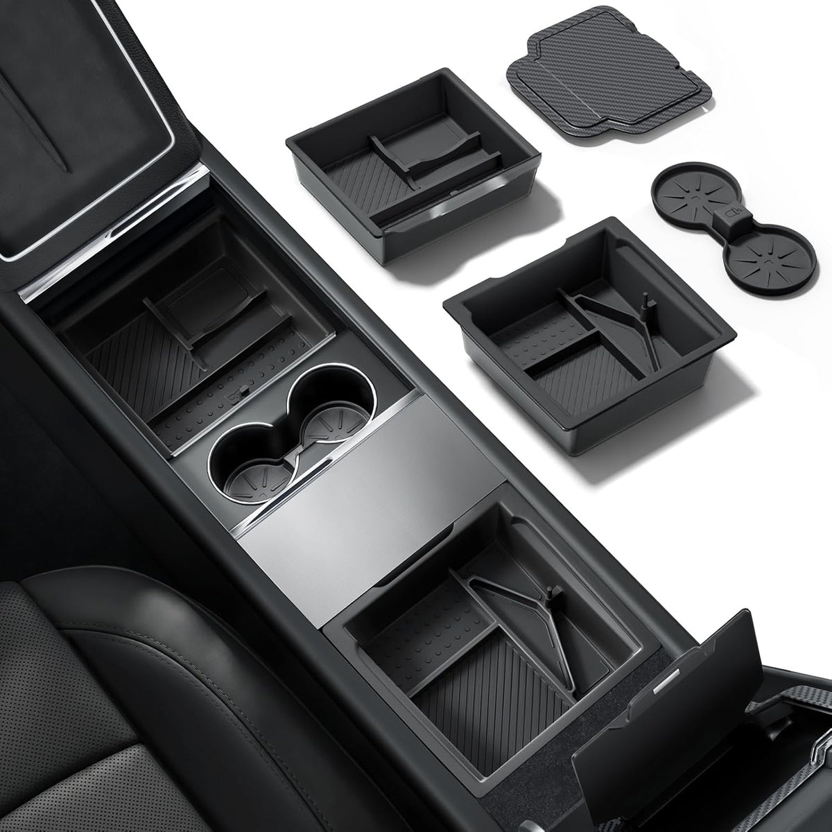 REEVAA 4-in-1 Tesla Center Console Organizer Set for 2026 Model Y, Black