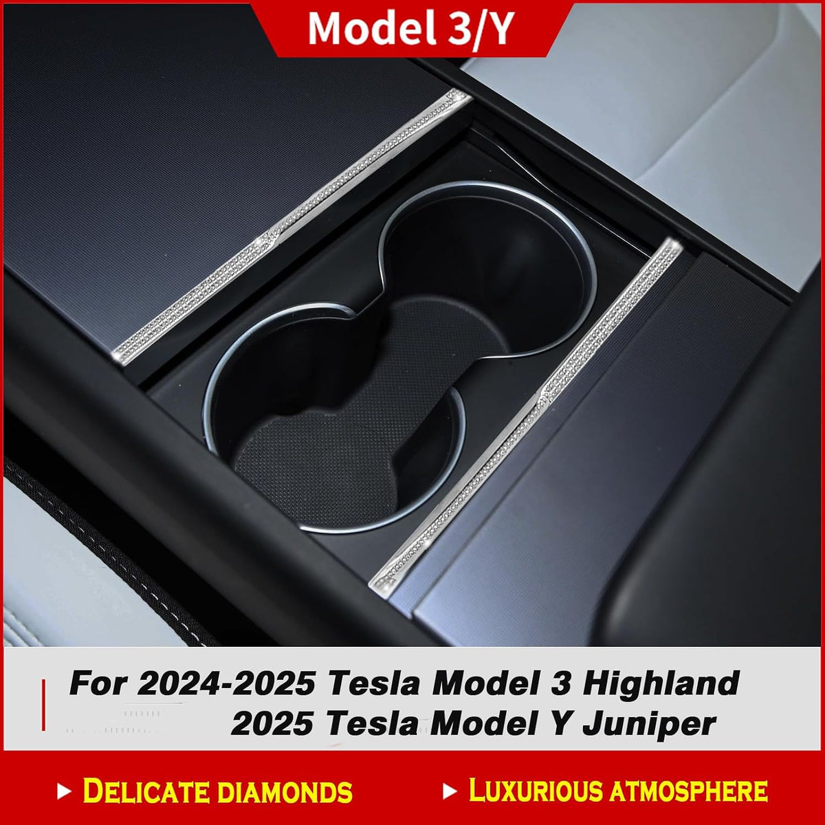 Crystal Bling Cup Holder Decorative Strips for Tesla Model Y Juniper & Model 3 Highland