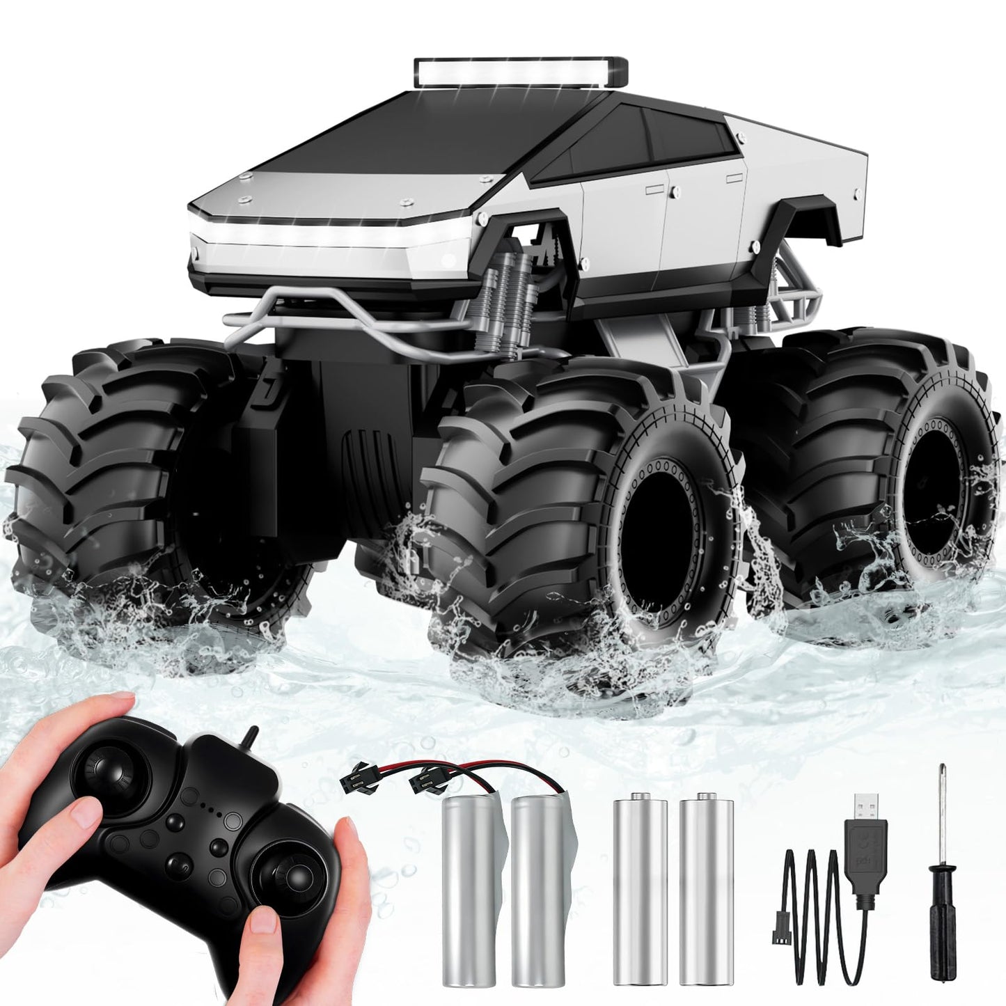 Cokzer Remote Control Car, 1:18 Amphibious RC Cars, 4WD All Terrain Off-Road Pickup, 2.4GHz Waterproof Cyber Truck, 360° Rotatable Monster Truck Toys for Boys Christmas Birthday Gifts Age 6+ (Grey)