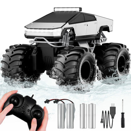 Cokzer Remote Control Car, 1:18 Amphibious RC Cars, 4WD All Terrain Off-Road Pickup, 2.4GHz Waterproof Cyber Truck, 360° Rotatable Monster Truck Toys for Boys Christmas Birthday Gifts Age 6+ (Grey)