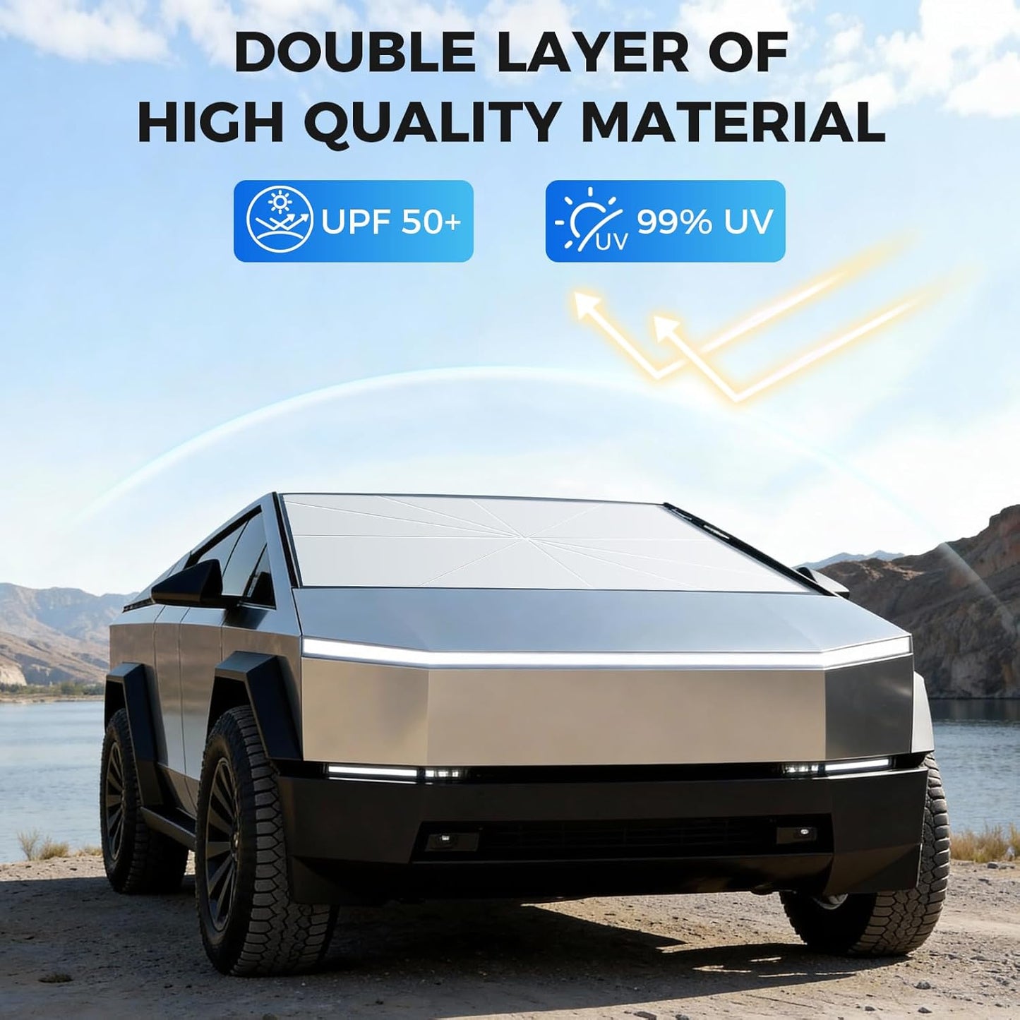 2026 Upgrade Windshield Sunshade Umbrella for Tesla Cybertruck, Thickened Titanium Silver, Protect Car from Sun Rays & Heat Damage Keep Cool, Protect Interior 54''x 60''x 61''