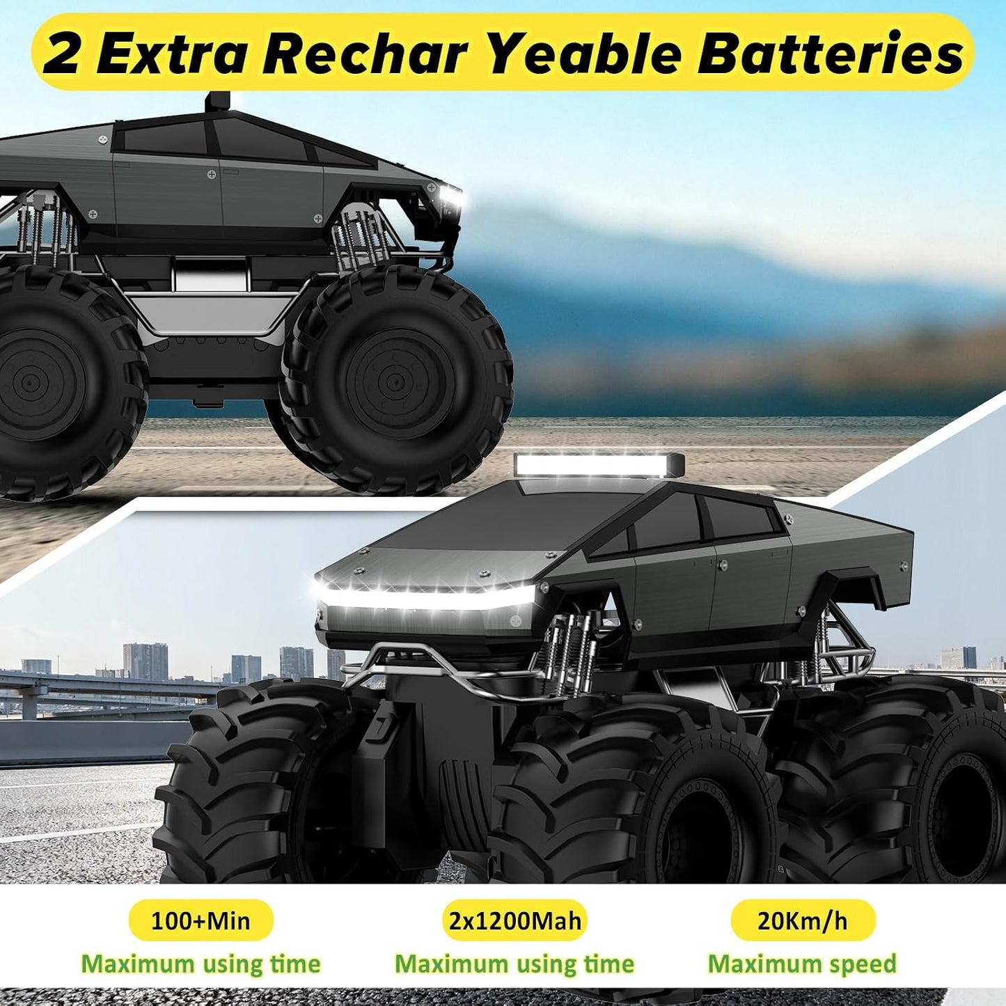 Cokzer Remote Control Car, 1:18 Amphibious RC Cars, 4WD All Terrain Off-Road Pickup, 2.4GHz Waterproof Cyber Truck, 360° Rotatable Monster Truck Toys for Boys Christmas Birthday Gifts Age 6+ (Grey)