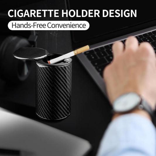 Carbon Fiber Portable Black Car Ashtray with Lid For Tesla and EVs