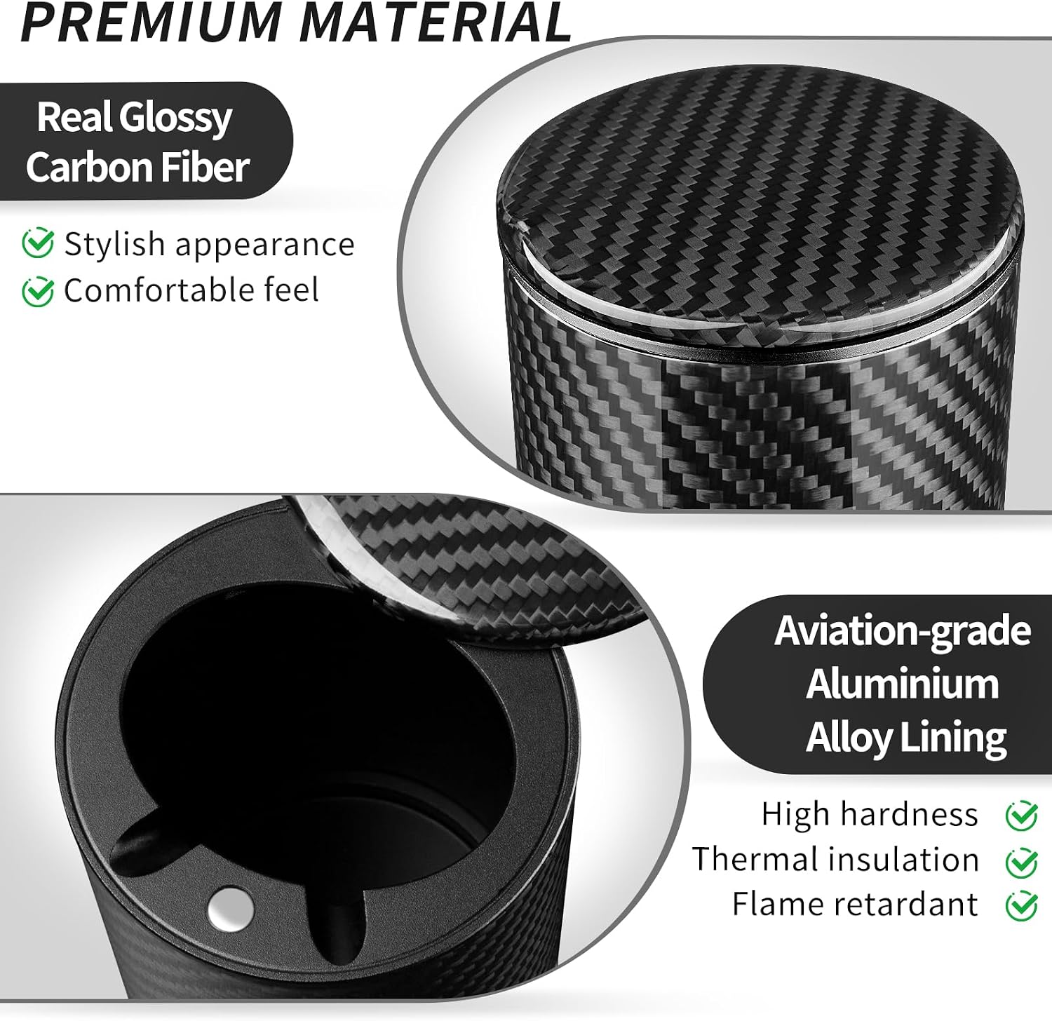 Carbon Fiber Portable Black Car Ashtray with Lid For Tesla and EVs