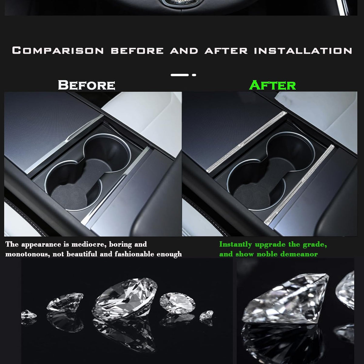Crystal Bling Cup Holder Decorative Strips for Tesla Model Y Juniper & Model 3 Highland
