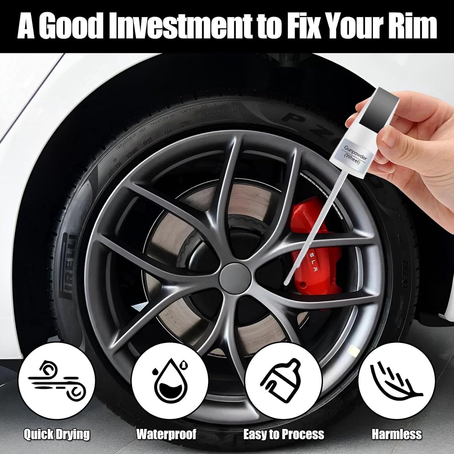 Rim Touch Up Paint(Gunpowder) for Tesla Model Y/3/S/X Gemini Dark/Uberturbine/Arachnid/Cybersteam/Turbine Wheel, Curb Rash Repair Rim Scratch Repair with Masking Tape & Sandpaper