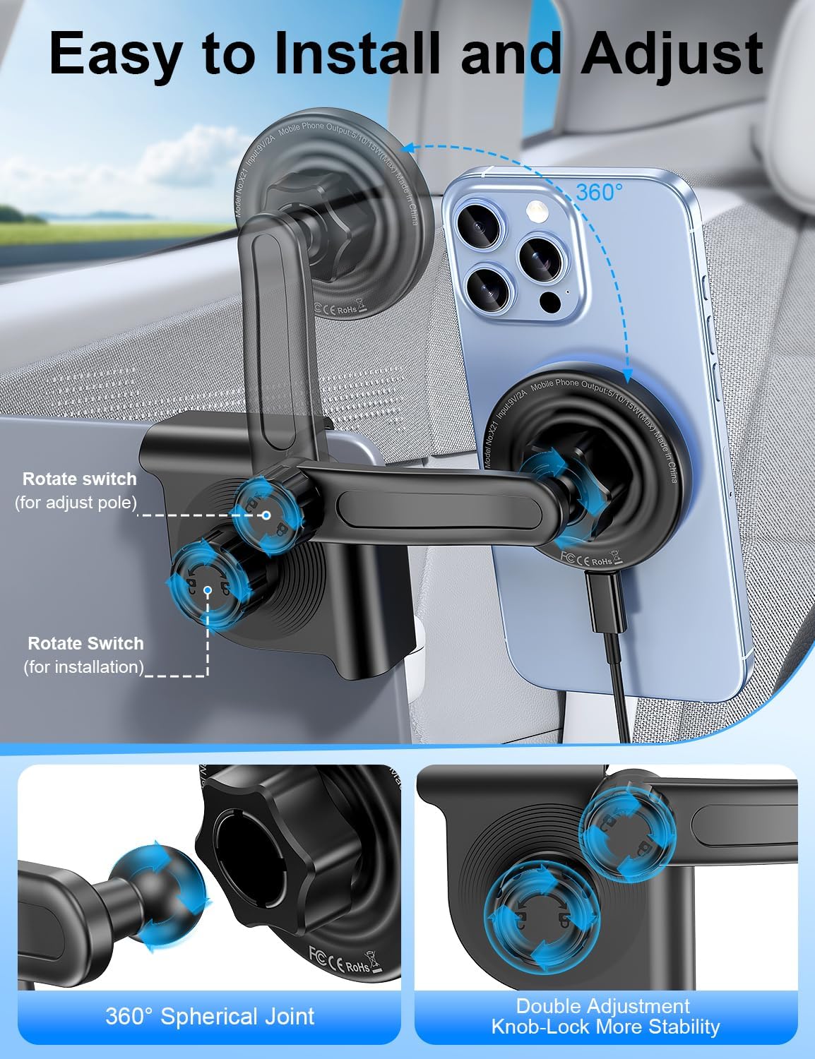 Tesla Car Mount Charger, [Heat Restriction] [LED RGB HandsFree] Wireless Car Phone Holder Charger, Magnetic Phone Holders for Your Car for Tesla Model Y/3/S/X Screen for 17/16/15/14/13/12 Series