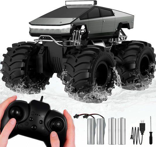 Cokzer Remote Control Car, 1:18 Amphibious RC Cars, 4WD All Terrain Off-Road Pickup, 2.4GHz Waterproof Cyber Truck, 360° Rotatable Monster Truck Toys for Boys Christmas Birthday Gifts Age 6+ (Grey)