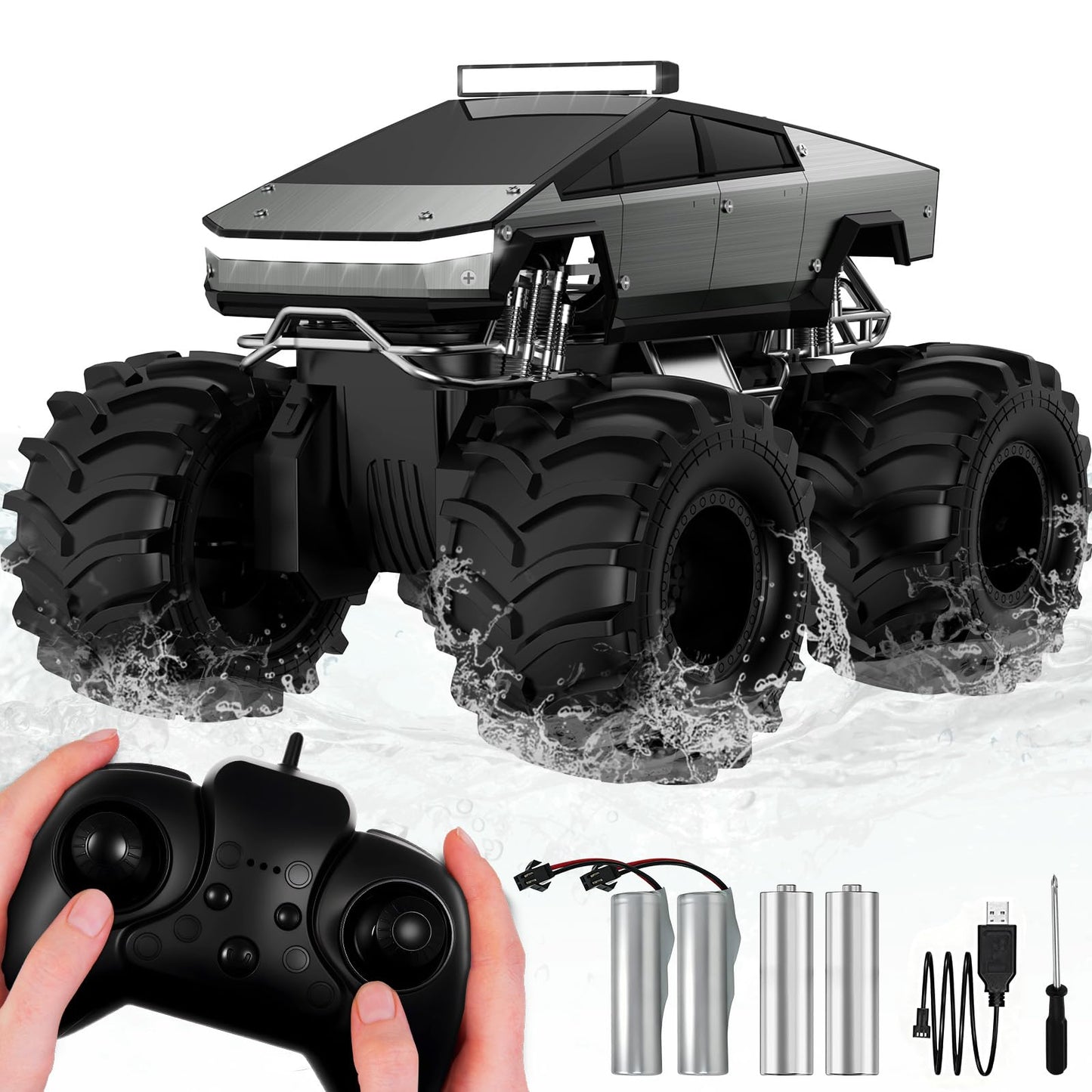 Cokzer Remote Control Car, 1:18 Amphibious RC Cars, 4WD All Terrain Off-Road Pickup, 2.4GHz Waterproof Cyber Truck, 360° Rotatable Monster Truck Toys for Boys Christmas Birthday Gifts Age 6+ (Grey)