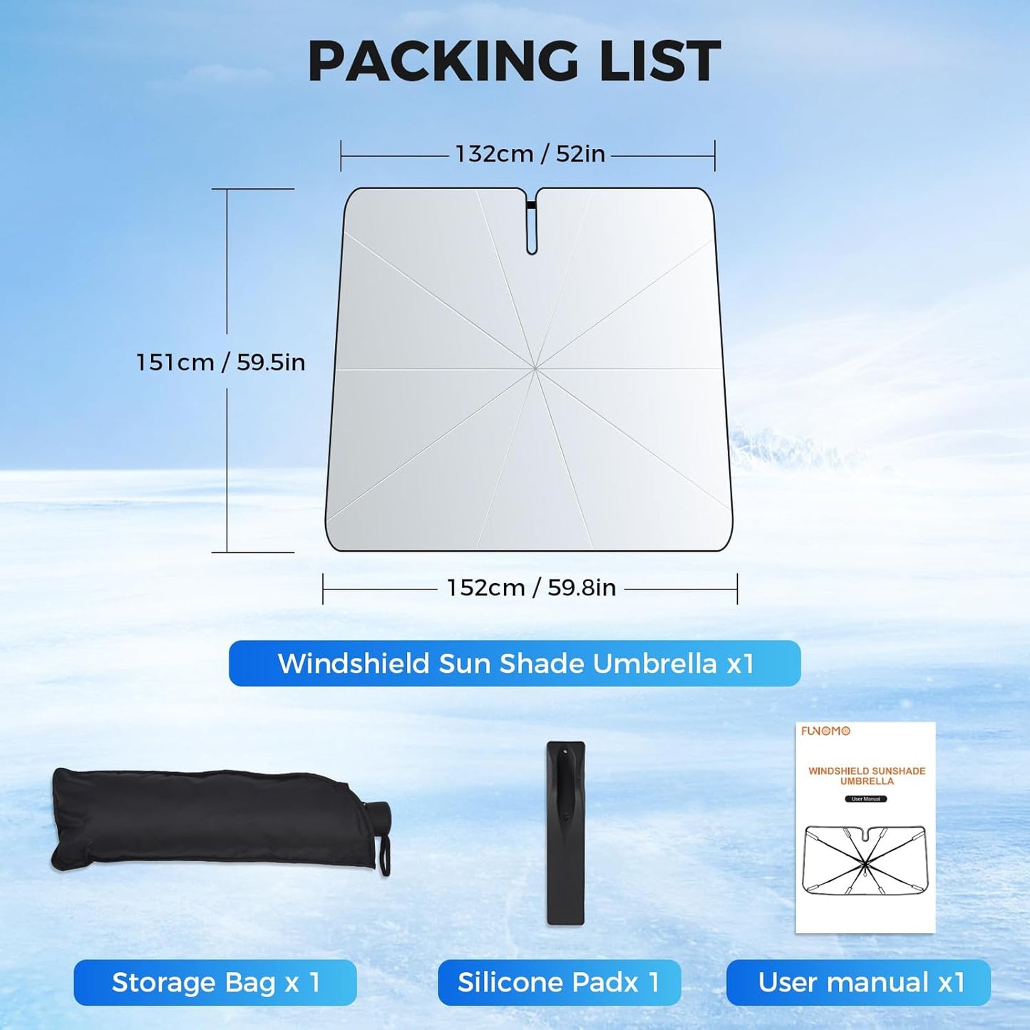 2026 Upgrade Windshield Sunshade Umbrella for Tesla Cybertruck, Thickened Titanium Silver, Protect Car from Sun Rays & Heat Damage Keep Cool, Protect Interior 54''x 60''x 61''
