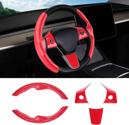 Carbon Fiber Steering Wheel Cover for Tesla Model 3/ Y Red 5PCS