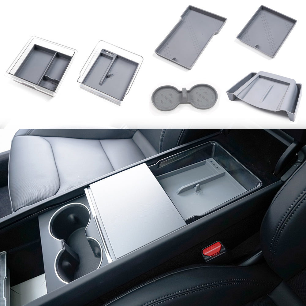 2024 Model 3 Highland Center Console Organizer Tray Designed For Armrest Storage Box Cup pad Wireless charging pad Set Grey-6pcs