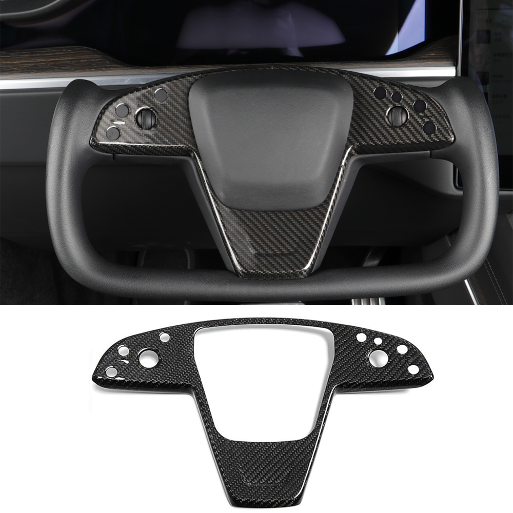 [Real Carbon Fiber] Yoke Steering Wheel Cover Overlay Plate Panel For Model S/X (2021-2024) Glossy