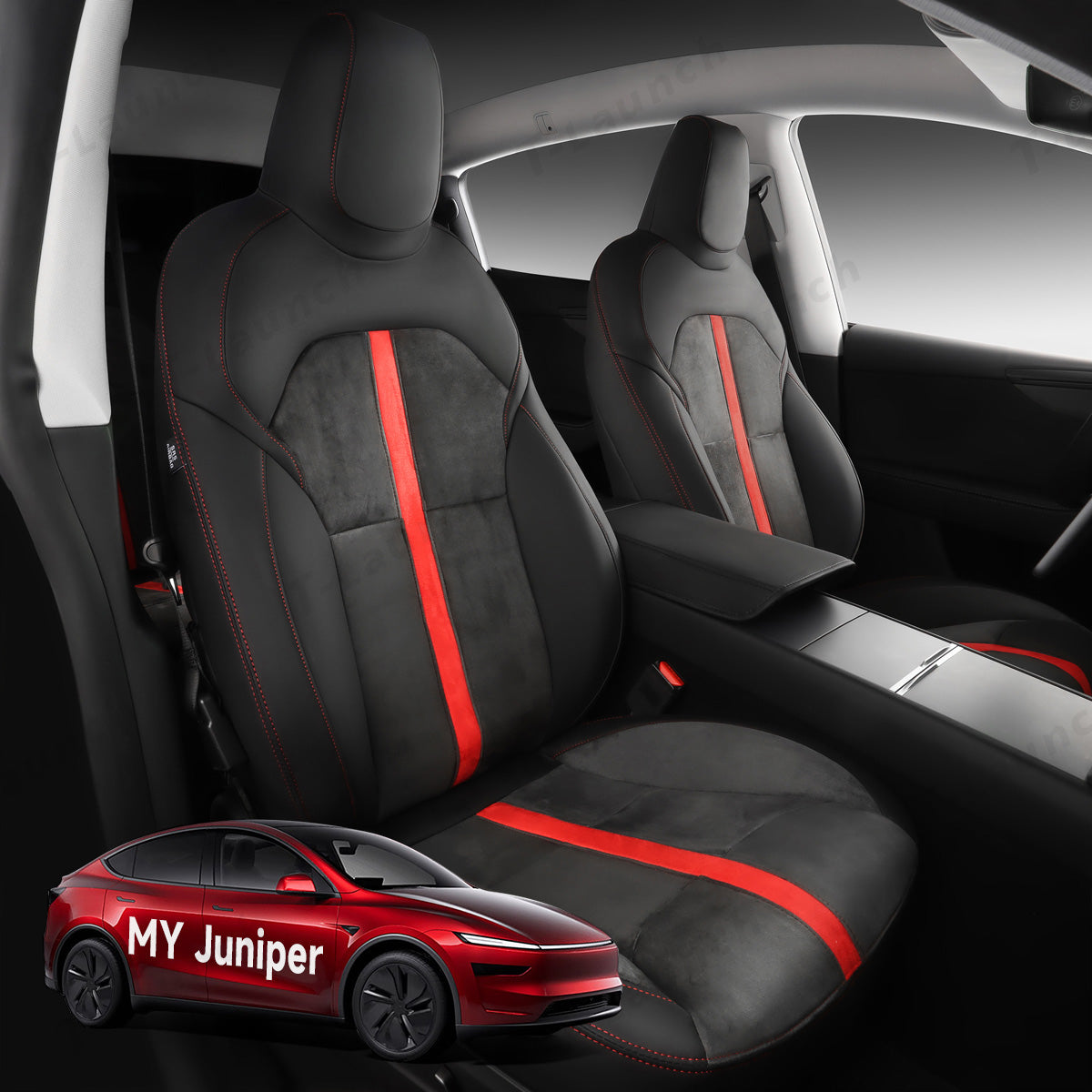 All-Inclusive Seat Cover for New Tesla Model Y Juniper 2025+ Alcantara Splicing Black Red Full Set (Front & Rear Seats)